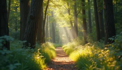 Obraz premium Serene forest path illuminated by sunlight in tranquil nature