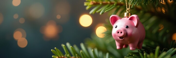 Miniature piggy bank ornament hangs on Christmas tree branch Sparkling bokeh background , sparkle, macro, tree