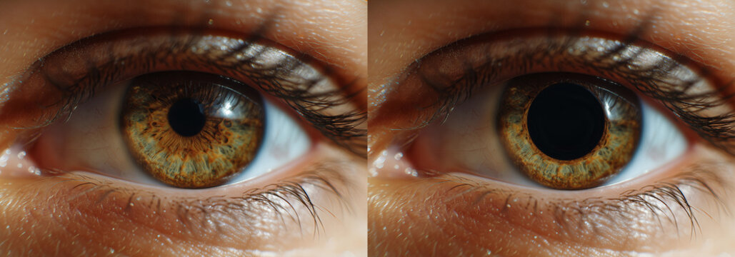 Close-up eye with pupil dilation comparison, ai generated