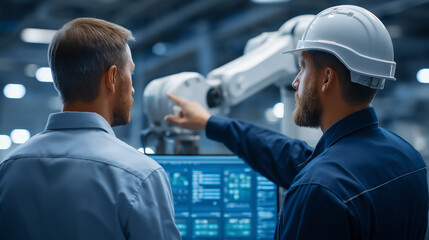 Businessman Discussing Robotics with Engineer in Automated Industry