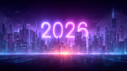 Obraz premium Futuristic city skyline backdrop with bright neon Happy 2026