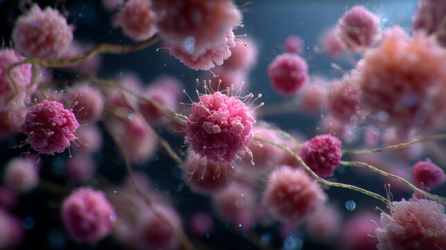 pink organic cells or microorganisms suspended in a fluid, showcasing biological structures and filaments