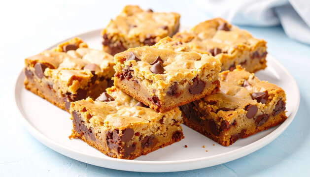 Chocolate chip blondie cut into squares. AI