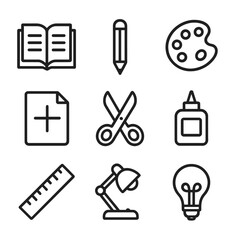 Fototapeta premium Resource Co-Creation Icons. Outline icon set of resource co-creation: open book, pencil, paint palette, document with plus,