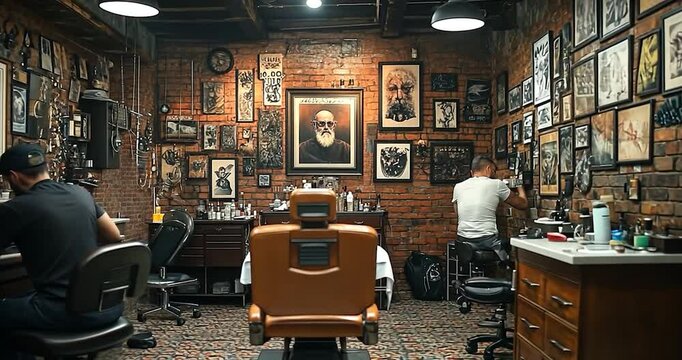 Interior view of barber shop with a brick wall, tattoo artwork, and two barbers working in the background. The space has a vintage style and a retro, old fashioned atmosphere