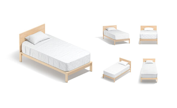 Blank wooden single bed with white bedding mockup, different views