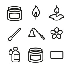 Obraz premium Scented Candle Icons. Outline icon set of open jar of scented candle: candle jar, flame, wick, melted wax pool, matchstick,
