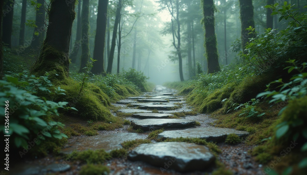 Poster Serene stone path through misty forest with moss and trees