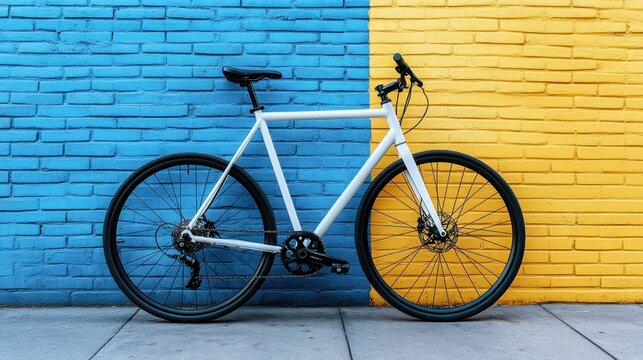 White bike against colorful brick wall
