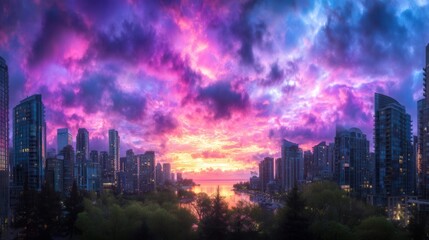 Obraz premium City skyline bathed in vibrant sunset hues