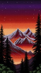 Pixelated sunset over mountains with evergreen trees under a starry evening sky scene