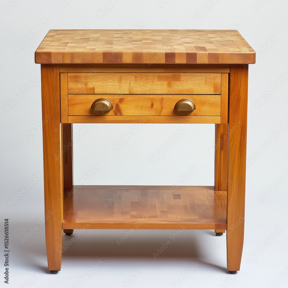 Poster Wooden table with drawer and shelf in minimalist studio setting