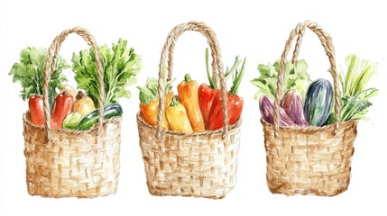 Three baskets of fresh vegetables on white background