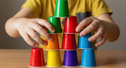 Child building colorful cup pyramid for fun and learning activities