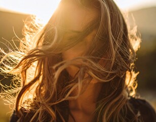 Mulher com cabelo ao vento sob luz do pôr do sol
