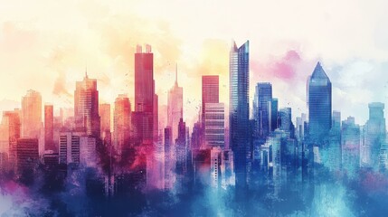 Colorful cityscape at sunset with diverse architectural styles