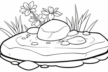 Minimalist bold outline vector illustration of outdoor pond with rocks and flowers for coloring page on white background
