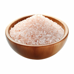 Himalayan pink salt crystals in a wooden bowl, isolated on white background.