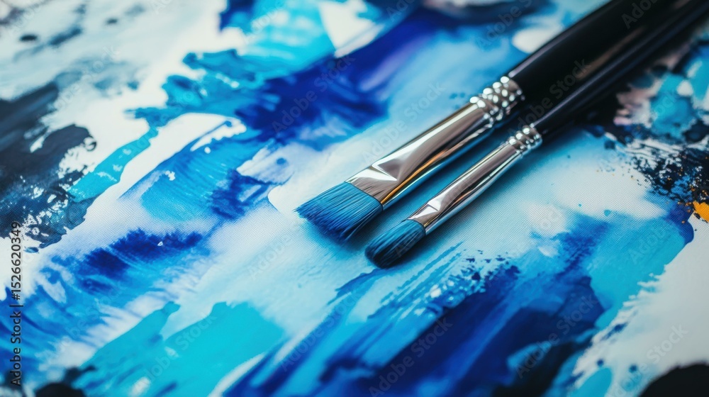 Poster two paintbrushes and palette on canvas in serene art studio