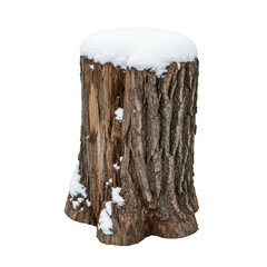 Snowy tree stump winter scene isolated on transparent background