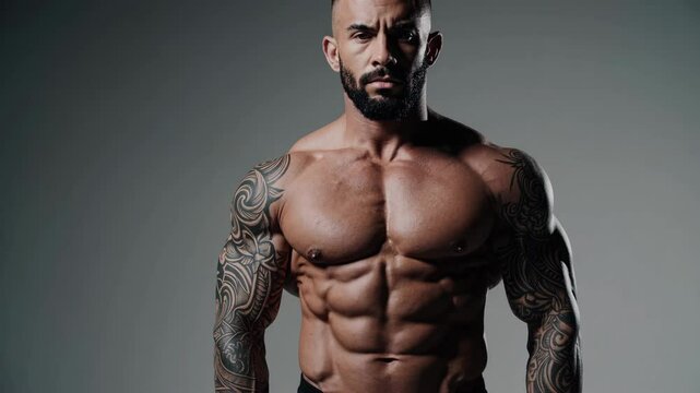 a muscular man with tattoos standing in a wide, broad stance, confident look
