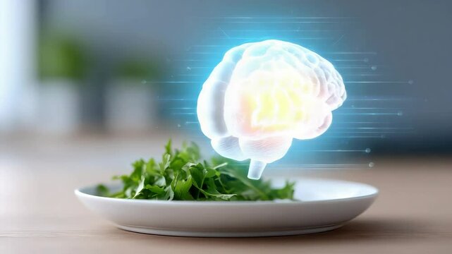 A glowing AI brain hologram scanning a plate of healthy food with nutritional data floating around, personalized nutrition concept