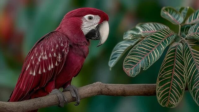 Vibrant Red Macaw Perched on Branch with Lush Tropical Leaves