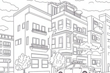 Obraz premium Simple coloring page of apartment buildings with bold lines, clouds in sky, and cars on street in minimalist style