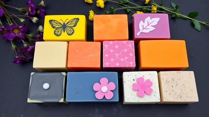 Colorful artisan soaps with floral and butterfly designs arranged beautifully for presentation