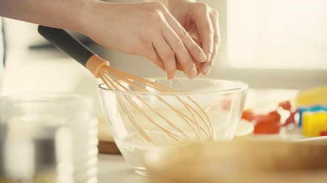 Close-up of woman adding egg to bowl with flour, mixing ingredients for baking