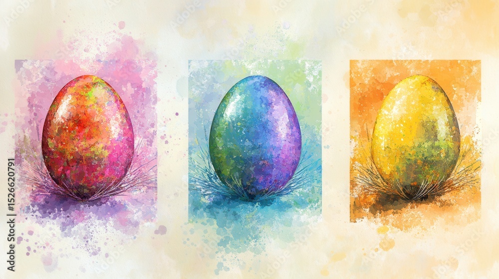 Poster colorful eggs in stylized nests on abstract background