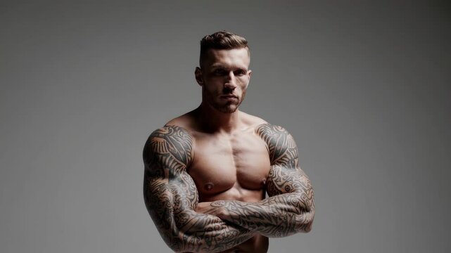a muscular man with tattoos standing in a wide, broad stance, confident look