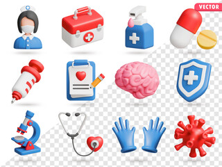 Medical 3D Vector Icon Set: nurse,aid kit,washing foam,pills,syringe,clipboard,brain,shield,microscope,stethoscope,rubber rubber gloves,viris.