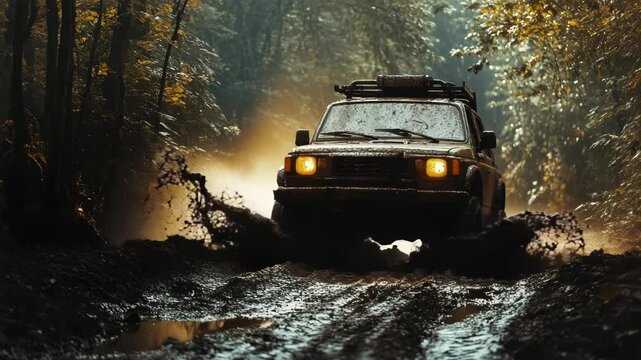 Powerful offroad vehicle driving through muddy terrain in a dense forest landscape