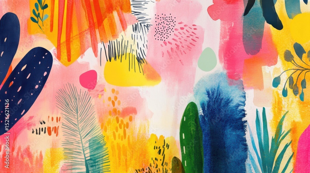 Poster vibrant abstract painting with plant-like shapes and patterns
