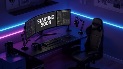 Neon Lit Gaming Setup - Starting Soon Screen. Stream starting soon screen, overlay loop, animated virtual backgrounds, cozy lo-fi gaming room view. vtuber asset twitch zoom OBS, anime chill - Powered by Adobe