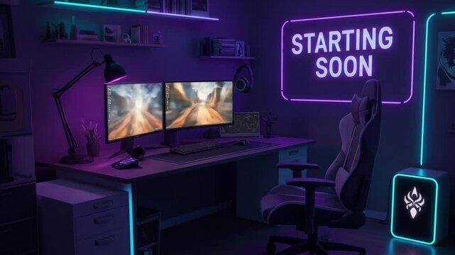 Neon Lit Gaming Room Setup with Dual Monitors. Stream starting soon screen, overlay loop, animated virtual backgrounds, cozy lo-fi gaming room view. vtuber asset twitch zoom OBS, anime chill