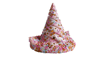 Enchanting Confection: A whimsical and meticulously crafted cake shaped like a cone, adorned with pastel sprinkles and glistening accents. The sweet treat symbolizes celebration and delight.
