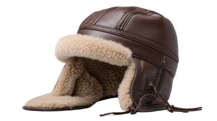 Vintage Leather Aviator Hat: A close-up of a classic aviator hat, meticulously crafted from supple brown leather and lined with soft, luxurious shearling, evoking a sense of history and adventure.