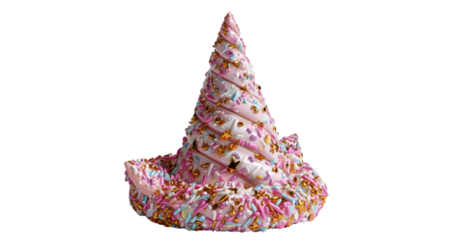 Enchanting Confection: A whimsical and meticulously crafted cake shaped like a cone, adorned with pastel sprinkles and glistening accents. The sweet treat symbolizes celebration and delight.