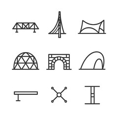 Fototapeta premium Structural Art Icons. Outline icon set of structural art and engineering: truss bridge, cable-stayed tower, tensile membrane roof,