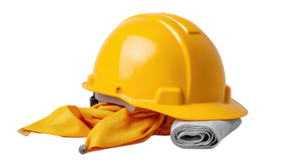 Safety Gear Still Life: A striking close-up of a yellow hard hat and essential safety equipment, representing the dedication to workplace safety and protection.