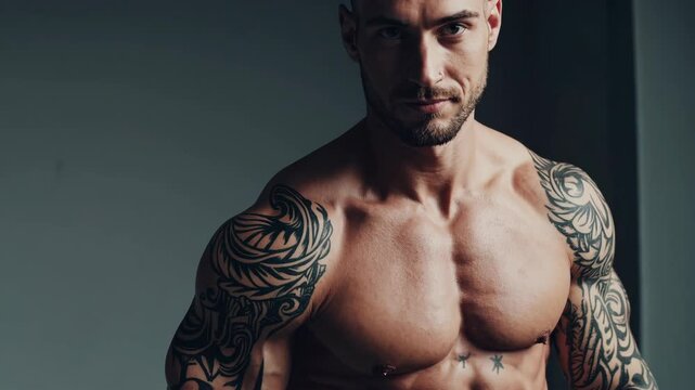 a muscular man with tattoos standing in a wide, broad stance, confident look