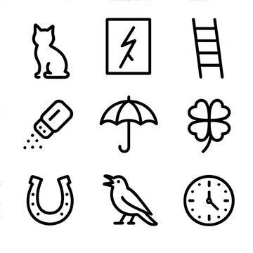 Superstitious Icons Grid. Outline icon set of superstitious signs: black cat silhouette, broken mirror, ladder overhead, spilled