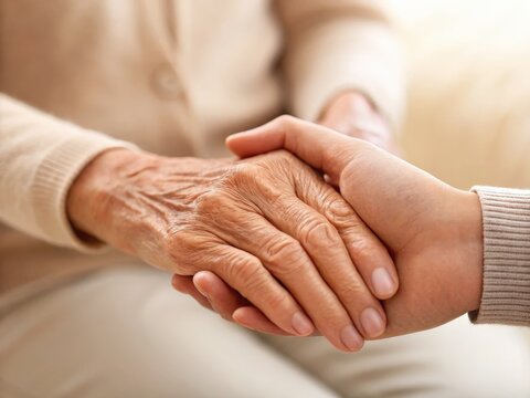 An elderly hand is gently held by a younger hand, symbolizing care, support, and compassion between generations.