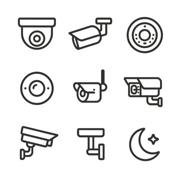 Surveillance Camera Icons. Outline icon set of surveillance cameras: dome camera, bullet camera, PTZ camera, fisheye camera,
