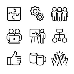 Teamwork Icon Set. Outline icon set of teamwork and collaboration: puzzle pieces, gear wheels, group huddle, shared laptop,