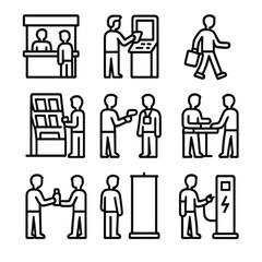 Trade Show Icons. Outline icon set of trade show visitors: exhibitor booth, demo kiosk, swag bag, badge scanner, brochure rack,
