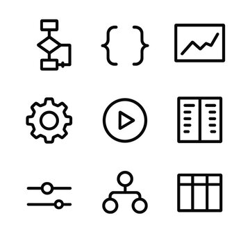 Trading Strategy Icons. Outline icon set of algorithmic trading strategies: strategy flowchart, code bracket, backtest graph,