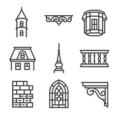 Victorian Architecture Icons. Outline icon set of Victorian architecture: turret tower, decorative gingerbread trim, bay window,